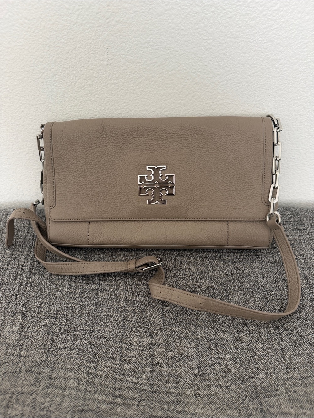 Tory Burch Pebbled Taupe Leather Miller Convertible Crossbody